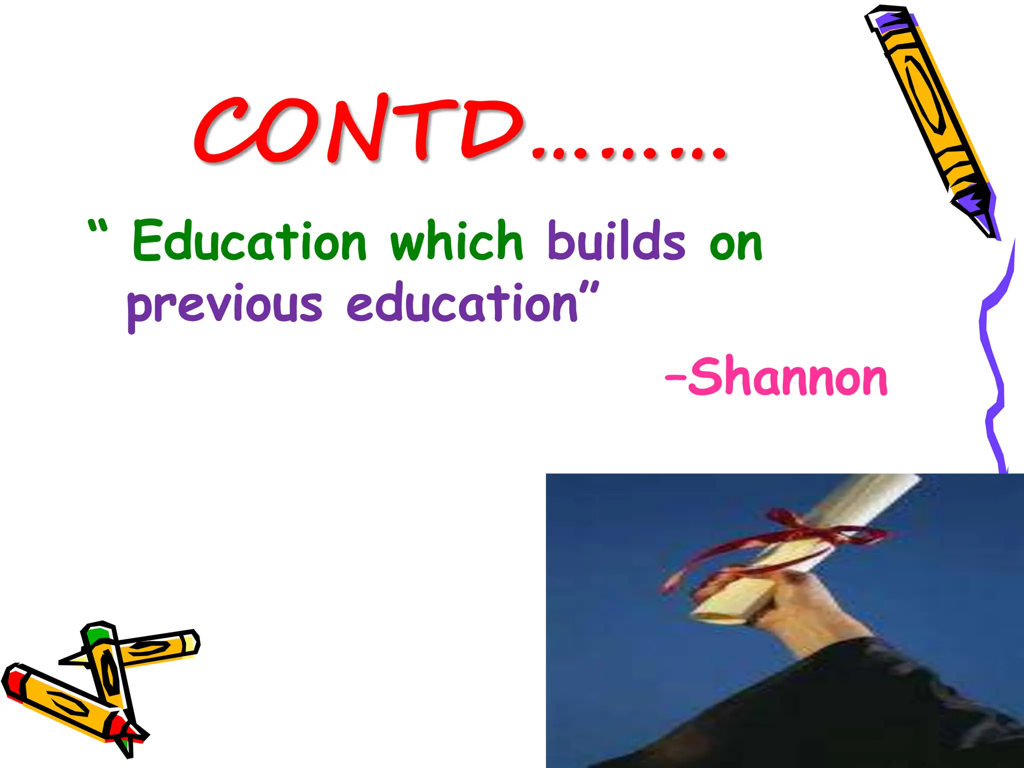 CONTD………
“ Education which builds on
previous education”
–Shannon
 