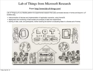 Federated Interoperable Semantic IoT Testbeds(FIESTA-IoT)
From http://ﬁesta-iot.eu/ﬁesta-testbeds/
Tuesday, October 18, 16
 