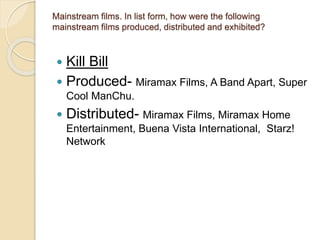 Mainstream films. In list form, how were the following 
mainstream films produced, distributed and exhibited? 
 Kill Bill 
 Produced- Miramax Films, A Band Apart, Super 
Cool ManChu. 
 Distributed- Miramax Films, Miramax Home 
Entertainment, Buena Vista International, Starz! 
Network 
 