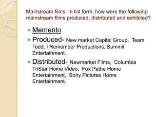 Mainstream films. In list form, how were the following 
mainstream films produced, distributed and exhibited? 
 Memento 
 Produced- New market Capital Group, Team 
Todd, I Remember Productions, Summit 
Entertainment. 
 Distributed- Newmarket Films, Columbia 
TriStar Home Video, Fox Pathe Home 
Entertainment, Sony Pictures Home 
Entertainment. 
 