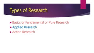 Types of Research
 Basics or Fundamental or Pure Research
 Applied Research
 Action Research
 
