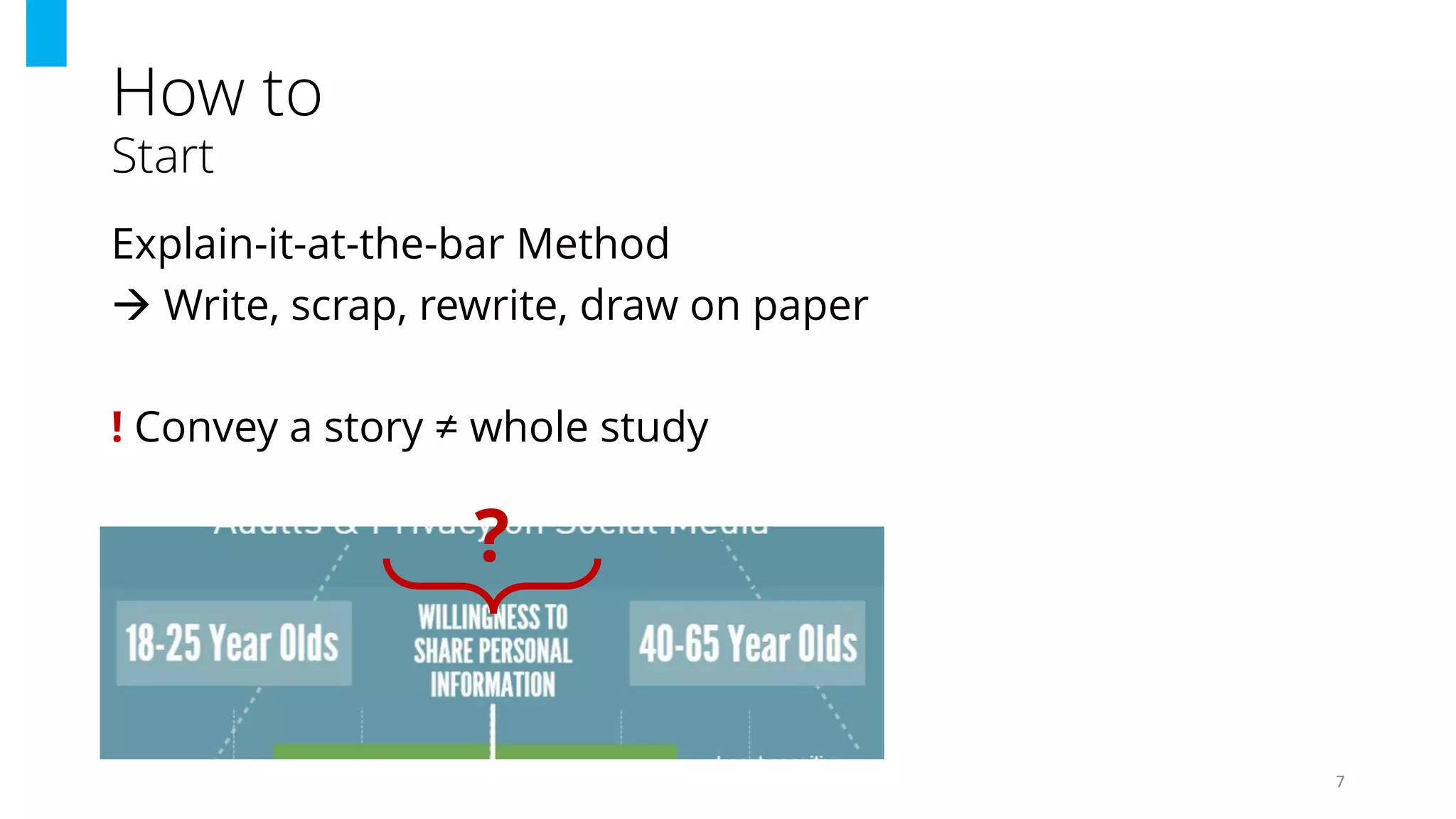 How to
Start
Explain-it-at-the-bar Method
 Write, scrap, rewrite, draw on paper
! Convey a story ≠ whole study
7
?
 