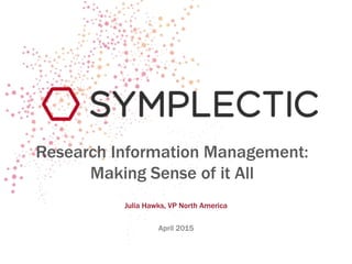 Research Information Management:
Making Sense of it All
Julia Hawks, VP North America
April 2015
 
