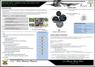 METHODOLOGY
As Pune is trying to become carbon neutral city by 2030, it is trying to reduce its carbon emission by adopting all its measures like use of sustainable resources,
preservation of natural resources, alternatives to fossil fuels, tree planation etc., this type of rapid development of the city is harming the ecological cycle of the
urban system in the city.
This study mainly focuses on the carbon sink of the city and how well they can act as a carbon sequester ,if carbon sinks are well studied and planned , it can be
managed to make carbon as a resource for the better ecological system of the city. The project will mainly talk on the solutions for the better carbon sink, which is
well thought for acceptance and to value the principles of sustainability i.e. Social, economical and environmental dimensions of the city.
TIME
• Sustainable Solution For Carbon Sink
• Lost Urban Rural Relationship
TO
• Importance Of Grasslands
• Native Trees Rather Than Exotic Plantation
VALUE
• Human Health & Forgotten cultural values – human settlement
• Social Communities & Livelihood
OLD
• Importance Of Ecological System And Cycles
• Present green cover of the city & its carbon condition
“In Todays Urban Development Context There Is No Value For
Environment And Its Ecology”
Ecology Includes Flora And Fauna Not Only Trees
: by Ar. Shivam Patil
AIM
To help Pune city to achieve carbon neutrality by its green cover. (Biodiversity Plan For Baner-Pashan Hill, Pune)
OBJECTIVE
• To produce a good example for carbon sink.
• To study the geology of the site.
• To define proper space for native flora and fauna, for better biodiversity plan.
RESEARCH QUESTION
1. How green cover of Pune city can be a better carbon sink
• Study of natural elements for carbon sink.
• Coverage / acreage of trees (the present condition) on green belt of Baner-Pashan hill.
• Identification of proposal of Biodiversity Plan for Baner-Pashan hill by Pune Municipal Corporation
• Study the landform of site for proposal of carbon sink.
• Study the ecology for better design of biodiversity park.
SCOPE & LIMITATIONS
• Limiting myself for working on carbon sink only for Baner-Pashan hill.
• The scope of this project will be example for other hill and greenspace in desigining.
OUTCOME
• A better planned carbon sink work as good eco biodiversity park
Study Of Carbon sink
Conclusion
Hypothesis Proposal
Results Comparisons
Quantitative Analysis
Planning Strategy
Data Collection
INTRODUCTION
CARBON SINK ?
An area of forest which is large enough to absorb large amount of carbon dioxide from the air and therefore to reduce the effect of
global warming.
TOWARDS CARBON NEUTRALITY
ALTERNATIVE
TO FOSSILE
FUELS
USE OF
SUSTAINABL
E
RESOURCES
FOR ENERGY
PRESERVATI
ON OF
NATURAL
RESOURCES
INCREASE
GREEN
COVER
Carbon
Sink Or
Carbon
Sequester
CITIES CARBON CONDITIONS
The World Health Organization recommended the availability of a minimum of 9 m2 of green space per individual with an
ideal UGS value of 50 m2 per capita, if we calculate green space per individual for Pune city.
The Pune cities area is = 2443840000 sq.m.
Total green cover of the city is = 22%
Therefore,
22% of 2443840000 sq.m. city area = 53644800 sq.m.
Total population of Pune city recorded is = 3132143 individuals
Hence the cities green area per individual is = green space of city / total population of the city= 53644800 / 3132143
= 17.12 sq.m. Green space per person is the ratio of Pune city, which is in between of 9 sq. and 50 sq.
If, 15 trees sequester 1 tonne of carbon
Pune tree census – 4009623 trees
Therefore 4009623 / 15 = 2.6 lakh tonne
So, 33% of carbon is sequester by Pune trees, rest 67% of carbon is contributing to green house emission.
To sequester 7.8 lakh tonne of carbon per year * 15 , minimum 11700000 trees are required, which is almost three times the present trees.
Grassland holds 26% of the world land area with 20% of the world’s carbon stock in soil. Grassland stocks around
34%, forest land holds around 39% and agro ecosystem around 17% of world’s carbon.
Therefore Pune has to Conserve, Restore and protect ecological habitats in and around Pune like forests, grasslands,
lakes, rivers, and wetlands, as Pune falls in Semi Arid Deciduous Forest region
CONCEPTUAL POINTS BEHIND RESEARCH
COLLECTIVELY GREEN SPACE
ARE CALLED
ABOUT PUNE CITY
Pune city location -18 ֯ 52’ lat. & 73 ֯ 86’
long.
City area in sq.km. -243.84
Cities carbon emission -7.8 lakh tonne per year
Cities tree census -4009623
Population of city -3132143
Total forest cover of city -22%
1
 