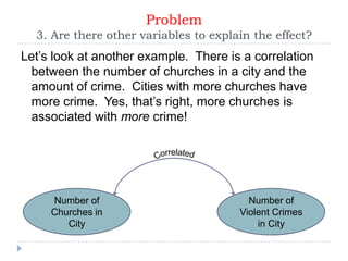 Problem
  3. Are there other variables to explain the effect?
Let’s look at another example. There is a correlation
 between the number of churches in a city and the
 amount of crime. Cities with more churches have
 more crime. Yes, that’s right, more churches is
 associated with more crime!




     Number of                           Number of
     Churches in                       Violent Crimes
        City                               in City
 