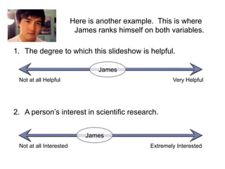 Here is another example. This is where
                          James ranks himself on both variables.

1. The degree to which this slideshow is helpful.

                                 James
 Not at all Helpful                                     Very Helpful




2. A person’s interest in scientific research.


                             James
 Not at all Interested                          Extremely Interested
 