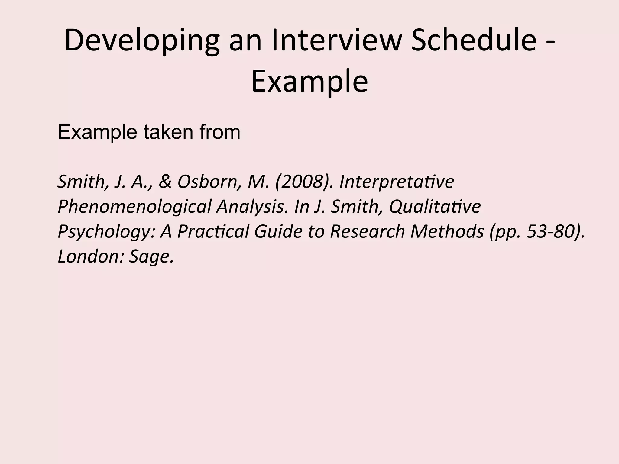 Sampling	
  -­‐	
  example	
  
12 high-tech entrepreneurs distributed across
Sweden (information technologies, biotech or
advanced services).
They had all taken a key role in driving the process
of inventing, producing and marketing a
technological innovation.
Active in their technology-based ventures for at least
one year.
 