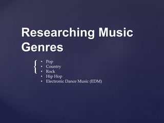 {
Researching Music
Genres
• Pop
• Country
• Rock
• Hip Hop
• Electronic Dance Music (EDM)
 