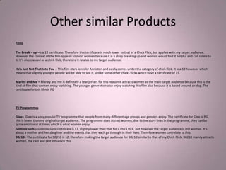 Other similar Products
Films

The Break – up –is a 12 certificate. Therefore this certificate is much lower to that of a Chick Flick, but applies with my target audience.
However the context of the film appeals to most women because it is a story breaking up and women would find it helpful and can relate to
it. It’s also classed as a chick flick, therefore it relates to my target audience.

He’s Just Not That Into You – This film stars Jennifer Anniston and easily comes under the category of chick flick. It is a 12 however which
means that slightly younger people will be able to see it, unlike some other chicks flicks which have a certificate of 15.

Marley and Me – Marley and me is definitely a tear jerker, for this reason it attracts women as the main target audience because this is the
kind of film that women enjoy watching. The younger generation also enjoy watching this film also because it is based around an dog. The
certificate for this film is PG




TV Programmes

Glee– Glee is a very popular TV programme that people from many different age groups and genders enjoy. The certificate for Glee is PG,
this is lower than my original target audience. The programme does attract women, due to the story lines in the programme, they can be
quite emotional at times which is what women enjoy.
Gilmore Girls – Gilmore Girls certificate is 12, slightly lower than that for a chick flick, but however the target audience is still women. It’s
about a mother and her daughter and the events that they each go through in their lives. Therefore women can relate to this.
90210– The certificate for 90210 is 12, therefore making the target audience for 90210 similar to that of my Chick Flick. 90210 mainly attracts
women, the cast and plot influence this.
 