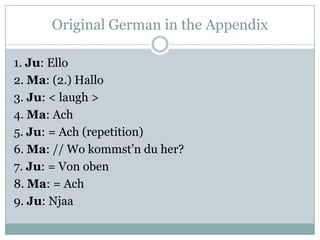 Original German in the Appendix

1. Ju: Ello
2. Ma: (2.) Hallo
3. Ju: < laugh >
4. Ma: Ach
5. Ju: = Ach (repetition)
6. Ma: // Wo kommst‟n du her?
7. Ju: = Von oben
8. Ma: = Ach
9. Ju: Njaa
 