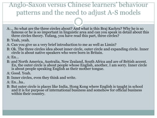 Anglo-Saxon versus Chinese learners‟ behaviour
   patterns and the need to adjust A-S models

A:… So what are the three circles about? And what is this Braj Kachru? Why he is so
   famous or he is so important in linguistic area and can you speak in detail about this
   three circles theory. Yufang, you have read this part, three circles?
B: Yeah, yeah.
A: Can you give us a very brief introduction to me as well as Limin?
B: Ok. The three circles idea about inner circle, outer circle and expanding circle. Inner
   circle is about native speakers who were born in Britain.
A: En…
B: and North America, Australia, New Zealand, South Africa and are of British accent.
   En, the outer circle is about people whose English, another, I am sorry. Inner circle
   is about people speaking English as their mother tongue.
A: Good. Yeah.
B: Inner circles, even they think and write.
A: En...ha..
B: But outer circle is places like India, Hong Kong where English is taught in school
   and it is for purpose of international business and somehow for official business
   within their country.
 