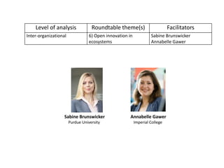 Level of analysis Roundtable theme(s) Facilitators
Inter-organizational 6) Open innovation in
ecosystems
Sabine Brunswicker
Annabelle Gawer
Sabine Brunswicker
Purdue University
Annabelle Gawer
Imperial College
 