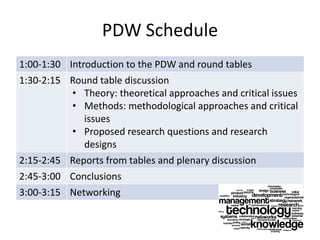 PDW Schedule
1:00-1:30 Introduction to the PDW and round tables
1:30-2:15 Round table discussion
• Theory: theoretical approaches and critical issues
• Methods: methodological approaches and critical
issues
• Proposed research questions and research
designs
2:15-2:45 Reports from tables and plenary discussion
2:45-3:00 Conclusions
3:00-3:15 Networking
 