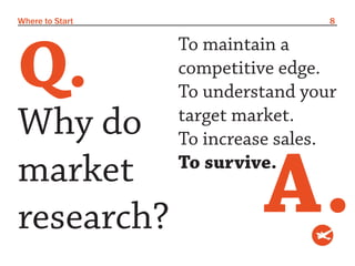 Where to Start                    8




Q.
                 To maintain a
                 competitive edge.
                 To understand your
Why do           target market.
                 To increase sales.
market
research?                 A.
                 To survive.
 