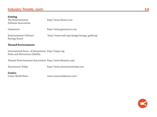 Industry Trends, cont.                                                             14
Gaming
The Entertainment                 http://www.theesa.com
Software Association

Gamasutra                         http://www.gamasutra.com

Entertainment Software             http://www.esrb.org/ratings/ratings_guide.jsp
Ratings Board

Themed Environments

International Assoc. of Amusement http://iaapa.org
Parks and Attractions (IAAPA)

Themed Entertainment Association http://www.themeit.com/

Amusement Today                   http://www.amusementtoday.com

Comics
Comic World News                  www.comicworldnews.com/
 