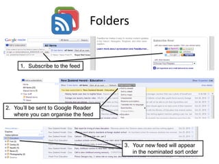 Folders
1. Subscribe to the feed
2. You’ll be sent to Google Reader
where you can organise the feed
3. Your new feed will appear
in the nominated sort order
 