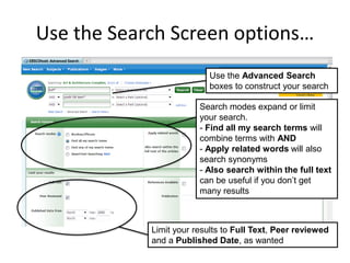Use the Search Screen options…
Use the Advanced Search
boxes to construct your search
Search modes expand or limit
your search.
- Find all my search terms will
combine terms with AND
- Apply related words will also
search synonyms
- Also search within the full text
can be useful if you don’t get
many results
Limit your results to Full Text, Peer reviewed
and a Published Date, as wanted
 