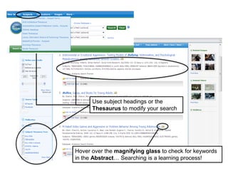Use subject headings or the
Thesaurus to modify your search
Hover over the magnifying glass to check for keywords
in the Abstract… Searching is a learning process!
 