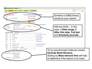 Similarly to EBSCOhost,
construct your search
Add any limits – in this
case, a Date range of
After this date, Full text
and Scholarly journals
To try and eliminate irrelevant results,
Exclude Book Reviews.
Sorting by Most relevant first will help
to determine if the search is on track
 
