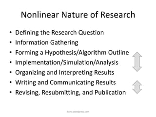 Nonlinear Nature of Research
• Defining the Research Question
• Information Gathering
• Forming a Hypothesis/Algorithm Outline
• Implementation/Simulation/Analysis
• Organizing and Interpreting Results
• Writing and Communicating Results
• Revising, Resubmitting, and Publication
iksinc.wordpress.com
 