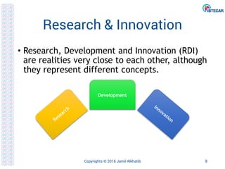Development
Research & Innovation
• Research, Development and Innovation (RDI)
are realities very close to each other, although
they represent different concepts.
Copyrights © 2016 Jamil Alkhatib 8
 