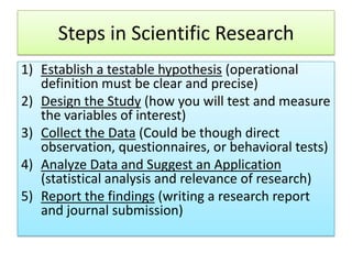 Steps in Scientific Research
1) Establish a testable hypothesis (operational
definition must be clear and precise)
2) Design the Study (how you will test and measure
the variables of interest)
3) Collect the Data (Could be though direct
observation, questionnaires, or behavioral tests)
4) Analyze Data and Suggest an Application
(statistical analysis and relevance of research)
5) Report the findings (writing a research report
and journal submission)

 