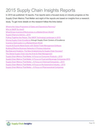 Page 39
2015 Supply Chain Insights Reports
In 2015 we published 16 reports. Five reports were a focused study on industry progress on the
Supply Chain Metrics That Matter and eight of the reports are based on insights from a research
study. To get more details on this research follow the links below:
What Is the Value Proposition of Sales and Operations Planning?
Why Is S&OP So Hard?
What Drives Inventory Effectiveness in a Market-Driven World?
Supply Chains to Admire – 2015
Putting Together the Pieces: The S&OP Technology Landscape in 2015
Driving Supply Chain Excellence through Supply Chain Centers of Excellence
Inventory Optimization in a Market-Driven World
Imports & Exports Made Easier with Global Trade Management Software
Building Effective Business Networks in Process Industries
Big Data and Analytics: The New Underpinning for Supply Chain Success?
The Global Supply Chain Ups the Ante for Risk Management
Supply Chain Metrics That Matter: A Focus on Consumer Products – 2015
Supply Chain Metrics That Matter: A Focus on Food and Beverage Companies-2015
Supply Chain Metrics That Matter – A Focus on Chemical Companies – 2015
Supply Chain Metrics That Matter: A Focus on the Automotive Industry – 2015
Supply Chain Metrics That Matter – A Focus on Pharmaceutical Companies
 