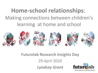 Home-school relationships :  Making connections between children's learning  at home and school Futurelab Research Insights Day 29 April 2010 Lyndsay Grant 