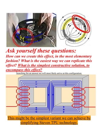 Ask yourself these questions:
How can we create this effect, in the most elementary
fashion? What is the easiest way we can replicate this
effect? What is the simplest constructive solution, to
encompass this effect?
      Searching for an answer we will most likely arrive at this configuration:




 This might be the simplest variant we can achieve by
        simplifying Steven TPU technology.
 