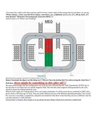 If we stare for a while at the above picture, and if we have a basic study of free-energy devices out-there, we can say:
“Wait a minute... I have seen this device before, somewhere...yes...I definitely seen it...it’s...it’s...Oh my God!...It’s
Tom Bearden “Motionless Electromagnetic Generator(MEG) !!!
And of course it is! Where was I thinking?




Motionless Electromagnetic Generator (US patent number 6.362.718)
Damn! Somebody else figure out this thing too!!! Why do I have the feeling that I’m rediscovering the wheel here ?
Well then... there might be something to this after all!!!
We must acknowledge that this configuration will work far more efficient than the Tesla Transformer 381970, due to
the fact that we no longer have an outside magnetic field. This time the entire magnetic field generated by the coils,
should in theory be situated inside the core.
What in God‟s name am I talking about? How can I make similarities of a fairly recent device, patented in 2002 with a
device from a 100 years ago of Tesla, They are totally different devices with different operating principles! Am I crazy?
No, I am not. I can make a comparison, and point out similarities that show in fact that they are not so different. Just the
way they operate is a little different.
You just have to imagine these things as we go along, because things will get more and more complicated:
 
