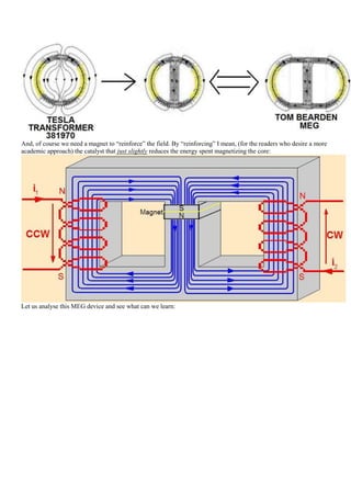 And, of course we need a magnet to “reinforce” the field. By “reinforcing” I mean, (for the readers who desire a more
academic approach) the catalyst that just slightly reduces the energy spent magnetizing the core:




Let us analyse this MEG device and see what can we learn:
 