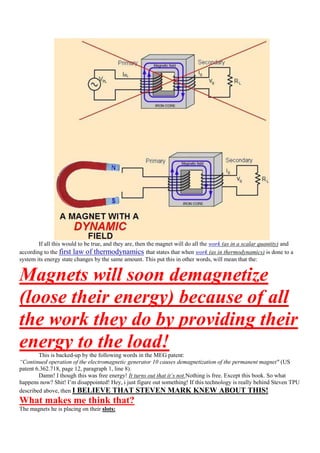 If all this would to be true, and they are, then the magnet will do all the work (as in a scalar quantity) and
according to the first law of thermodynamics that states that when work (as in thermodynamics) is done to a
system its energy state changes by the same amount. This put this in other words, will mean that the:


Magnets will soon demagnetize
(loose their energy) because of all
the work they do by providing their
energy to the load!
        This is backed-up by the following words in the MEG patent:
“Continued operation of the electromagnetic generator 10 causes demagnetization of the permanent magnet" (US
patent 6.362.718, page 12, paragraph 1, line 8).
        Damn! I though this was free energy! It turns out that it’s not.Nothing is free. Except this book. So what
happens now? Shit! I‟m disappointed! Hey, i just figure out something! If this technology is really behind Steven TPU
described above, then I BELIEVE THAT STEVEN MARK KNEW ABOUT THIS!
What makes me think that?
The magnets he is placing on their slots:
 