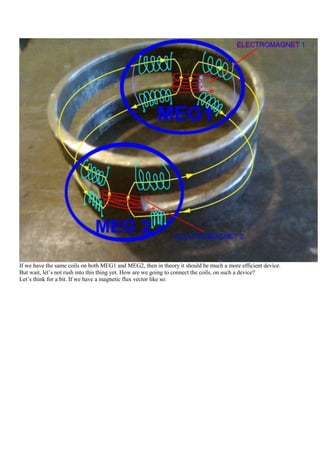 If we have the same coils on both MEG1 and MEG2, then in theory it should be much a more efficient device.
But wait, let‟s not rush into this thing yet. How are we going to connect the coils, on such a device?
Let‟s think for a bit. If we have a magnetic flux vector like so:
 