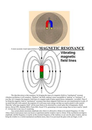 A more accurate visual representation of   MAGNETIC RESONANCE




          The idea that arises is that somehow, by bringing the mass of a magnetic field in a “mechanical” resonant
vibration oscillations it will somehow “fluidizes” the field, making it more susceptible to “poking” or “kicking it”. If
you like, let‟s imagine the magnetic field lines of a magnet made of glass (good choice, transparent - invisible). Then if
we bring the magnetic field in “mechanical” resonance then these magnetic field lines are now transformed in to jelly. If
we pinch the jelly with a pencil, the response of it will cause more energy out than we used to pinch it with a pencil.
Then this “jelly type magnetic field” will be more likely to be distorted by a small spike like in Kapanadze, Smith
device, Steven TPU, Bearden MEG, Flynn SSG, Sweet VTA, generating a lot more energy than we have used to “pinch
it”. At least this is one way of visualizing.
          Any system attains maximum amplitude only when it is allowed to vibrate at its natural frequency. It‟s like
when a heavy truck passes near your house or apartment and the windows start to vibrate. If the oscillations are high in
amplitude, and the frequency is exactly on the resonant frequency of the medium, in our case the glass window, and we
bring the window to a violent mechanical oscillation stress, then if we just touch the glass with our finger, it will
 