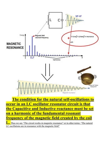 The condition for the natural self-oscillations to
occur in an LC oscillator resonator circuit is that
the Capacitive and Inductive reactance must be set
on a harmonic of the fundamental resonant
frequency of the magnetic field created by the coil
L. Thus we say “The circuit works in magnetic resonance” or in other terms: “The natural
LC oscillations are in resonance with the magnetic field”
 