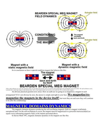 So in conclusion we have a special condition magnet that behaves like this:




(These self-oscillations are weak, but consistent. If they are put under load, friction, stress or resistance they quickly fade away permanently (non-ireversable). The self-oscillations can be
restarted with a small input magnetic field (hitting them). Such a small magnetic field can be from a coil (inside the TPU) or from another magnet.)
             An obvious practical question now arises: How on earth are we going to re-magnetize a magnet in such
arrangement? If it‟s not obvious by now, the answer is simple and right in your face.                                                    We magnetize/re-
magnetize the magnets in the device itself! Just were they are and were they will continue
to be after the conditioning!


MAGNETIC DOMAINS DYNAMICS
        The magnetic domains dynamics producing the self-oscillating magnetic field of a magnet is definitely
unexplored land. For the self-oscillations to occur, the magnet must be magnetized in a powerful sinewave(ideal) (or
square wave) alternating magnetic field, in the manner presented above.
        In Steven Mark TPU, magnetic domains dynamics in his magnets are like this:
 