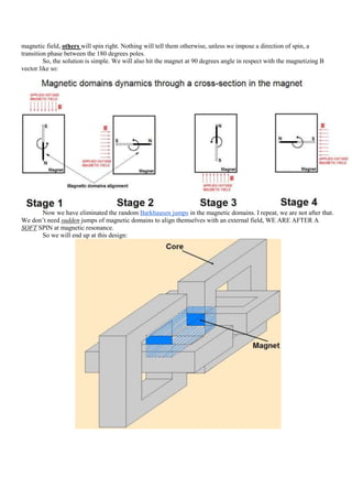 magnetic field, others will spin right. Nothing will tell them otherwise, unless we impose a direction of spin, a
transition phase between the 180 degrees poles.
         So, the solution is simple. We will also hit the magnet at 90 degrees angle in respect with the magnetizing B
vector like so:




      Now we have eliminated the random Barkhausen jumps in the magnetic domains. I repeat, we are not after that.
We don‟t need sudden jumps of magnetic domains to align themselves with an external field, WE ARE AFTER A
SOFT SPIN at magnetic resonance.
      So we will end up at this design:
 