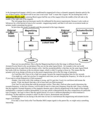 in the demagnetized magnet, which is now conditioned/re-magnetized to have a dynamic magnetic domains spin by the
use of these 8 poles. The Bloch wall in our case is not a real “wall” is more like a region. We are dealing here with a
spinning Bloch wall a spinning Bloch region half the size of the magnet (from the middle of the left side to the
middle of the right side of the magnet).
         The wire gauge does not necessary need to be calibrated for the power requirements, because it only works at
full power for a brief period of time (a few seconds - magnetising mode), and then it will enter in excitation mode (or
actuator mode) consuming less power.
         So how does this work? It should work like presented in this logic diagram:




         There are two possibilities. One is that the Magnetizing block in the first stage is different from the
Actuator/Exciter block in the second phase (They are not the same logical block - for example in the real world
magnetizing coils are apart from the actuator coils). And the second possibility is that they are the same logical block
but works with two functions in the two distinct stages, which is what I‟m going to focus on. This means that the
actuator coils in my design will also act as the power magnetizing coils in the first stage of operation.
         -As I said they don‟t have to be a high wire gauge, because the magnetizing phase lasts for few seconds.
         -You might say, yeah, but you have to magnetize each time you are changing the frequency. So what do you do
if you want to sweep frequencies to find resonance?
         -Simple, I just work with it like nothing is wrong, and if it gets hot, I wait it to cool down and resume the
         sweep. -Yeah, but doesn't that take a lot of time until you find resonance?
         -True, but I‟m only doing that with the prototype version. Then after i find out what exactly determines the
resonant frequency, in the next versions i will be able to tune it to that exact frequency from the start. I have a feeling
that the magnetic resonant frequency of the magnetic domains spin is directly proportional to the length of the magnet
multiplied by a constant (a relative permeability if you may which is determined by the alloy composition of a particular
type of magnet - the logic in that is that the speed/velocity of a wave is different depending on which medium is
traveling). So that unknown constant is what I‟m after to prove, demonstrate and calculate.
         Another problem we are facing is the shot time we have to wait between the magnetizing and actuator/exciter
stages in our design.
         If we take a closer look at the Tom Bearden MEG output signals in the patent file, we might notice something
interesting:
 