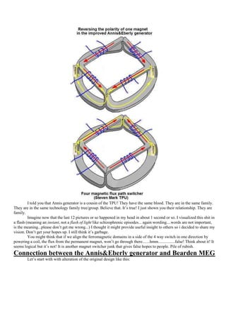 I told you that Annis generator is a cousin of the TPU! They have the same blood. They are in the same family.
They are in the same technology family tree/group. Believe that. It‟s true! I just shown you their relationship. They are
family.
         Imagine now that the last 12 pictures or so happened in my head in about 1 second or so. I visualized this shit in
a flash (meaning an instant, not a flash of light like schizophrenic episodes... again wording....words are not important,
is the meaning...please don‟t get me wrong...) I thought it might provide useful insight to others so i decided to share my
vision. Don‟t get your hopes up. I still think it‟s garbage.
         You might think that if we align the ferromagnetic domains in a side of the 4 way switch in one direction by
powering a coil, the flux from the permanent magnet, won‟t go through there.......hmm................false! Think about it! It
seems logical but it‟s not! It is another magnet switcher junk that gives false hopes to people. Pile of rubish.
Connection between the Annis&Eberly generator and Bearden MEG
        Let‟s start with with alteration of the original design like this:
 
