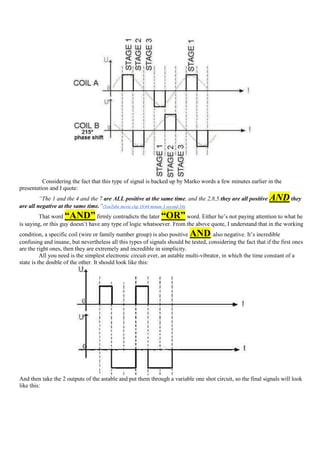 Considering the fact that this type of signal is backed up by Marko words a few minutes earlier in the
presentation and I quote:
         “The 1 and the 4 and the 7 are ALL positive at the same time, and the 2,8,5 they are all positive    AND they
are all negative at the same time.”(YouTube movie clip 18/44 minute 3 second 54).
        That word   “AND”         firmly contradicts the later “OR”    word. Either he‟s not paying attention to what he
is saying, or this guy doesn‟t have any type of logic whatsoever. From the above quote, I understand that in the working
condition, a specific coil (wire or family number group) is also positive  AND         also negative. It‟s incredible
confusing and insane, but nevertheless all this types of signals should be tested, considering the fact that if the first ones
are the right ones, then they are extremely and incredible in simplicity.
          All you need is the simplest electronic circuit ever, an astable multi-vibrator, in which the time constant of a
state is the double of the other. It should look like this:




And then take the 2 outputs of the astable and put them through a variable one shot circuit, so the final signals will look
like this:
 