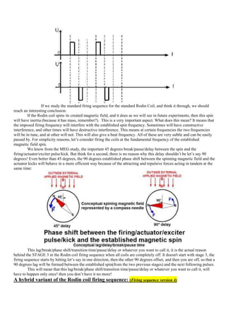 If we study the standard firing sequence for the standard Rodin Coil, and think it through, we should
reach an interesting conclusion.
         If the Rodin coil spins its created magnetic field, and it does as we will see in future experiments, then this spin
will have inertia (because it has mass, remember?). This is a very important aspect. What does this mean? It means that
the imposed firing frequency will interfere with the established spin frequency. Sometimes will have constructive
interference, and other times will have destructive interference. This means at certain frequencies the two frequencies
will be in tune, and at other will not. This will also give a beat frequency. All of these are very subtle and can be easily
passed by. For simplicity reasons, let‟s consider firing the coils at the fundamental frequency of the established
magnetic field spin.
         We know from the MEG study, the important 45 degrees break/pause/delay between the spin and the
firing/actuator/exciter pulse/kick. But think for a second, there is no reason why this delay shouldn‟t be let‟s say 90
degrees! Even better than 45 degrees, the 90 degrees established phase shift between the spinning magnetic field and the
actuator kicks will behave in a more efficient way because of the attracting and repulsive forces acting in tandem at the
same time:




         This lag/break/phase shift/transition time/pause/delay or whatever you want to call it, it is the actual reason
behind the STAGE 3 in the Rodin coil firing sequence when all coils are completely off. It doesn't start with stage 3, the
firing sequence starts by hitting let‟s say in one direction, then the other 90 degrees offset, and then you are off, so that a
90 degrees lag will be formed between the established spin(from the two previous stages) and the next following pulses.
         This will mean that this lag/break/phase shift/transition time/pause/delay or whatever you want to call it, will
have to happen only once! then you don‟t have it no more!
A hybrid variant of the Rodin coil firing sequence: (Firing sequence version 4)
 