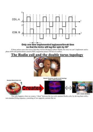 If these pulses were sine-waves then they will be 90 degrees phase shifted, but since we can‟t implement such a
phase shift with pulsed direct current (PDC) sequential pulses will have to suffice.

       The Rodin coil and the double torus topology




        This only happens when we create a “shear” between the two coils standard Rodin coils, by driving them with a
non-standard firing sequence, consisting of two opposite currents like so:
 