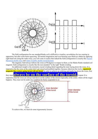 The field configuration for one standard Rodin coil is difficult to visualize, nevertheless for two running in
opposition, but after some brain squeezing, 3D mental imagination and over-burning your third eye chakra by applying
right hand rule along the rodin wires, you will come to realise that indeed the field configuration is exactly like Nassim
Haramein double torus and Adam Trombly double toroid dynamo
        The magnetic field always follows the wires at 90 degrees in respect to them, so the Marko Rodin standard coil
magnetic field configuration is exactly like the non-standard “to the right” Rodin winding.
        An additional insight is the extremely crucial winding detail regarding the inner laying down the wires. It is
imperative the the wires at the center don‟t get mixed and jumbled together, because otherwise the twelve equatorial
magnetic flux vectors going in/out will not form! In order to achieve an ordering and neatly lay down the wires, first

they must always be on the surface of the toroid.                                                     I repeat. It is
imperative that the wires are always laid down on the surface of the toroid. Especially at the center, where all the magic
happens. They must not be under any condition be freely suspended in air.




        To achieve this, we must do some trigonometry lessons:
 