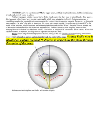 I‟M TIRED! can‟t you see the reason? Maybe bigger letters, will help people understand...but I'm just deluding
myself...sad...nobody seems to get it...
         And here i go again with the reason. Marko Rodin clearly states that there must be a third band, a third space, a
third segment, a third place, however you want to call it which is un-winded(no coil on it). So this empty space is
crucial in separating the equatorial outgoing magnetic flux vectors from the merging magnetic flux vectors in the double
torus topology. So what‟s the point in respecting this empty space on the outside circumference of the toroid, if in the
inside all the wires are mingled together, and no more discrimination is visible? What‟s the point? I mean how do you
expect to discriminate between the directional equatorial flux vectors? Which of them are going, and which are
merging? How will the flux look like in the inside? Think about it! Imagine it! It‟s nonsense! It won‟t work! Wires must
sit on the surface of the torus, and they must be separated one from the other.
         Second reason why the method presented above is wrong is that one small Rodin turn (meaning between two
                                                   A small Rodin turn is
poles) is NOT situated on a cross-section plane through the center of the torus.
situated on a plane inclined 15 degrees in respect the the plane through
the center of the torus.




        So in a cross-section plane our circles will become ellipses.
 