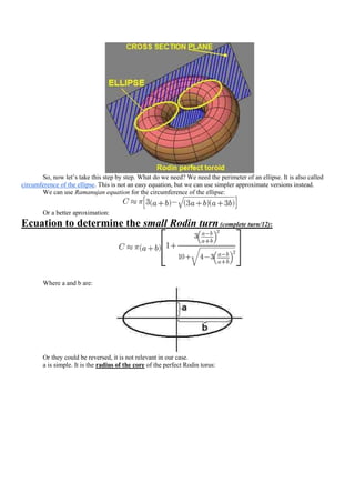 So, now let‟s take this step by step. What do we need? We need the perimeter of an ellipse. It is also called
circumference of the ellipse. This is not an easy equation, but we can use simpler approximate versions instead.
       We can use Ramanujan equation for the circumference of the ellipse:


        Or a better aproximation:
Ecuation to determine the small Rodin turn (complete turn/12):




        Where a and b are:




        Or they could be reversed, it is not relevant in our case.
        a is simple. It is the radius of the core of the perfect Rodin torus:
 