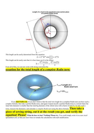 This length can be easily determined from this equation:


This length can be easily seen that it is four times our b in the ellipse.


From all of this, we can now write with strong conviction the
ecuation for the total length of a complete Rodin turn:




        If you don’t belive me, If you don‟t believe that the total wire lenght for a complete Rodin turn can have such a
complex formula, then take a perfect Rodin torus, and again I repeat myself, a perfect Rodin torus is a toroid where the
inner hole diameter is smaller than the total big diameter of the whole torus with a factor of tan(15). So take such a
                                                                          Then take a
torus, measure the diameters, and calculate a complete Rodin turn using the above formula.
piece of sewing string, cut it at the result you get, and verify the
equation! Please! What do have to lose? Nothing! Please try. You could simply write it in a new excel
spreadsheet cell, so that you won‟t have to remake the calculations with each modification.
 
