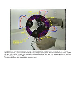 At the front-left coil we have chosen to start the wire from the outside of the TPU, and therefore, our wire will start
above the core, and will end below the core. BUT the starting and ending leads of the coils are actually situated INSIDE
the TPU, therefore, the front-left coil which starts from the inside at the front pole, from below now, and ends at the left
pole above going inside of the TPU.
So a better and much clear representation will be like this:
 