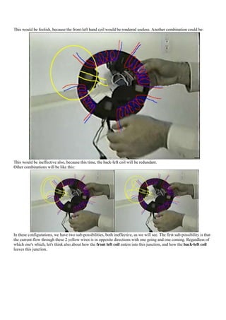 This would be foolish, because the front-left hand coil would be rendered useless. Another combination could be:




This would be ineffective also, because this time, the back-left coil will be redundant.
Other combinations will be like this:




In these configurations, we have two sub-possibilities, both ineffective, as we will see. The first sub-possibility is that
the current flow through these 2 yellow wires is in opposite directions with one going and one coming. Regardless of
which one's which, let's think also about how the front left coil enters into this junction, and how the back-left coil
leaves this junction.
 