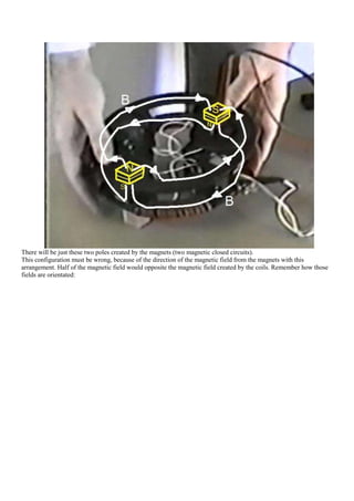 There will be just these two poles created by the magnets (two magnetic closed circuits).
This configuration must be wrong, because of the direction of the magnetic field from the magnets with this
arrangement. Half of the magnetic field would opposite the magnetic field created by the coils. Remember how those
fields are orientated:
 