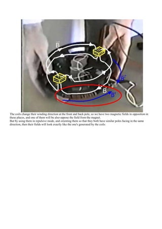 The coils change their winding direction at the front and back pole, so we have two magnetic fields in opposition in
these places, and one of them will be also oppose the field from the magnet.
But by using them in repulsive mode, and orienting them so that they both have similar poles facing in the same
direction, then their fields will look exactly like the one's generated by the coils:
 